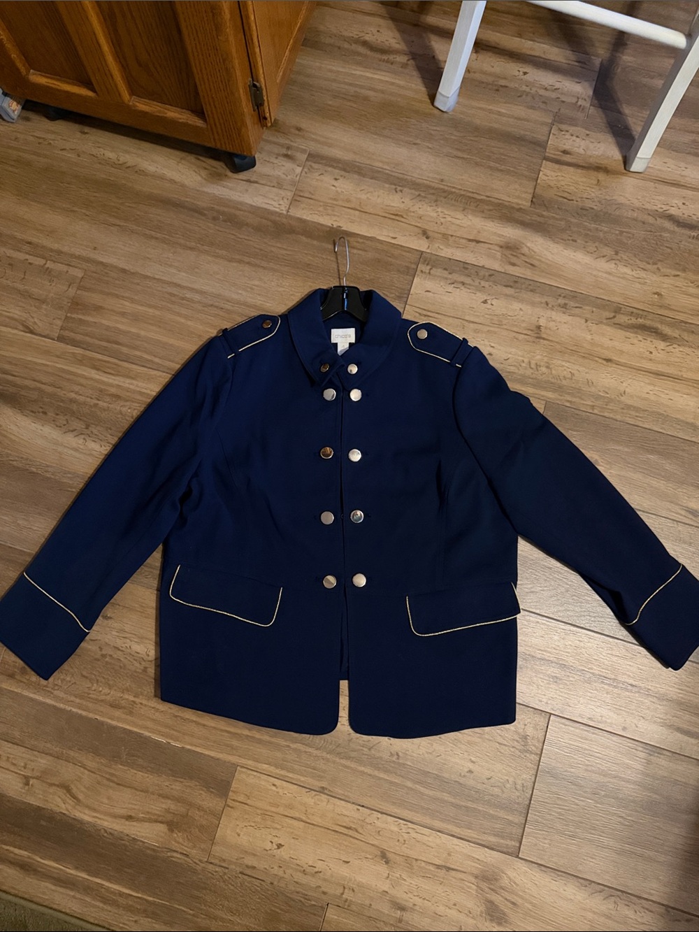 Chico's Navy Blue Military-Style Blazer with Gold Trim